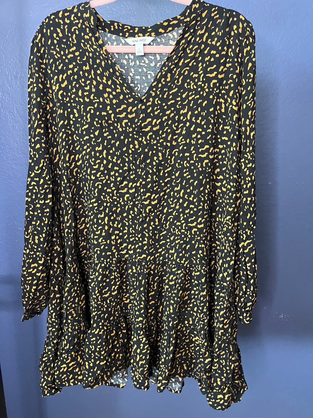 Nine West Black Mustard Animal Print Tiered Peplum Dress Long Sleeve Rayon Large